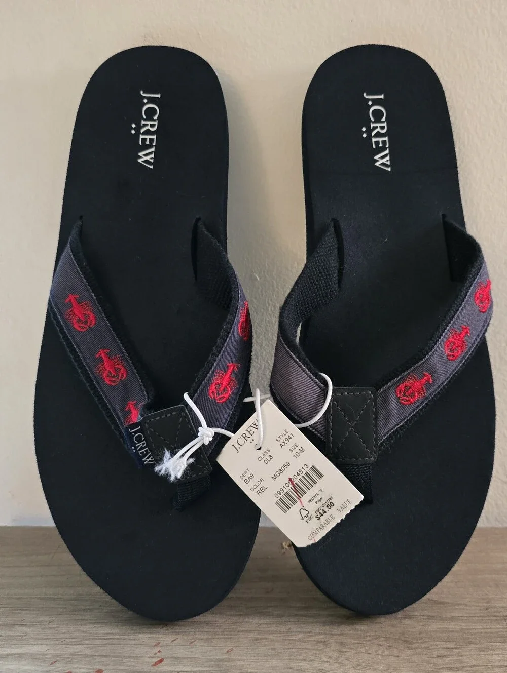 J. Crew Men's Lobster Embroidered Flip Flop Sandals Navy Blue Sz 10M NWT